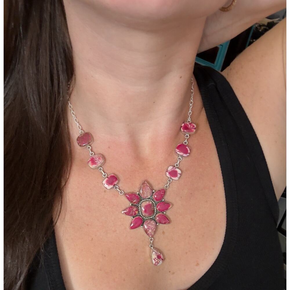Native American SW Sterling Silver Pink Red Jasper Huge Cluster Necklace Lariat - Picture 1 of 16